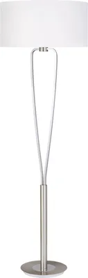 A floor lamp with a white shade and a silver base and stem.