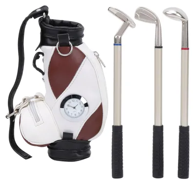 Produktbild von Mini-Desktop-Golftasche, Stiftuhr, Zinklegierung, Kunstleder mit Stiften, Souvenir-Set, Geschenk, Braun, Weiß