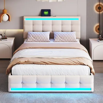Produktbild von Flieks Stauraumbett Polsterbett 140x200cm mit 4 Schubladen, Jugendbett mit USB und LED, Doppelbett mit Lattenrost, Holzbett Leinen, Beige
