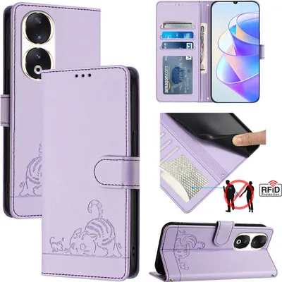 Produktbild von Leder Hülle für Honor 90 Süße Katze Flip Case Brieftasche Schutzhülle mit Standfunktion Lila