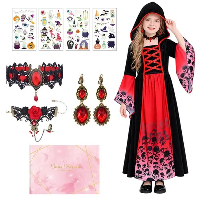 Vampirkostüm für Mädchen, Halloween-Kleid mit Zubehör