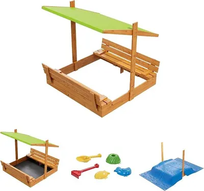 Produktbild von Sandkasten aus Holz mit Sitzbank Dach Abdeckung Imprägniert Sandbox 150 cm (Grün)
