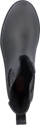A top-down view of a black boot.