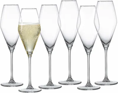 A set of six clear champagne flutes, with one flute filled with champagne.