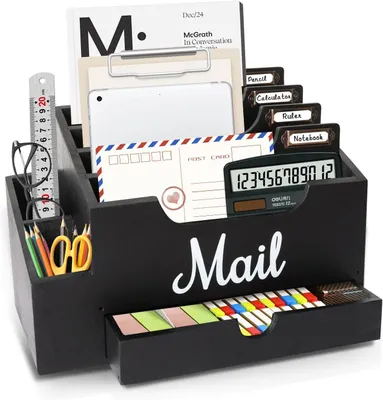 Image de Organisateur de bureau noir, en bois, avec 6 compartiments et un tiroir, pour le bureau