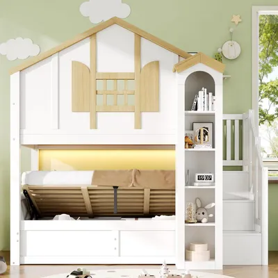 Image de Lit superposé 90x200 pour 2 enfants, avec éclairage LED, espace de rangement et escalier, en blanc et bois naturel
