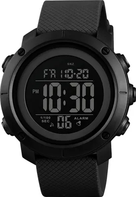 A close-up, front-facing studio shot of a black digital sports watch with a black strap.