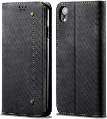 Produktbild von iPhone XR Hülle, LaimTop Denim Leder Brieftasche Magnetverschluss Flip Bookstyle Schutzhülle mit Standfunktion für iPhone XR Schwarz