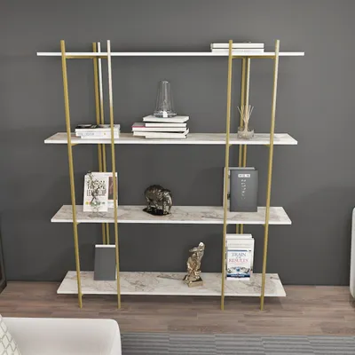 Produktbild von Skye Decor, Moss - White, Gold, Bücherregal, Weiß, 100 % MELAMINBESCHICHTETE SPANPLATTEN, 160 x 29,6 x 180 cm