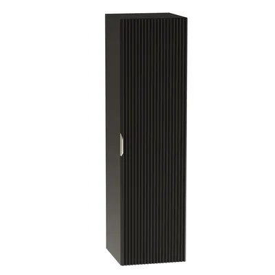 A tall, narrow black cabinet with a ribbed front and a silver handle, shown against a white background.