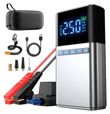 Obrázok produktu pre Prenosný štartér pre autá s kompresorom, nafukovač pneumatík (10,3 bar), powerbankou s kapacitou 24000 mAh, multifunkčné núdzové zariadenie s inteligentnými svorkami