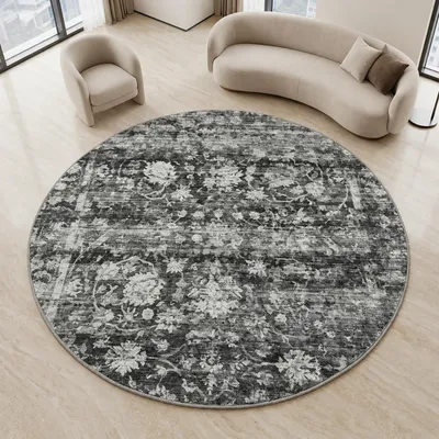 Obrázek produktu pro Šedý koberec s květinovým vzorem a vintage vzhledem, kruhový, průměr 120 cm