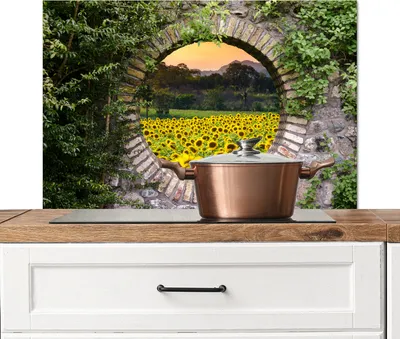 Obrázok produktu pre KitchenYeah® Splashback kitchen - kuchynský splashback - ochrana steny sporáka a drezu - priehľadný - kvety - slnečnica 90x60 - Alu-Dibond (alternatíva skleneného splashbacku) - tepelne odolný - He