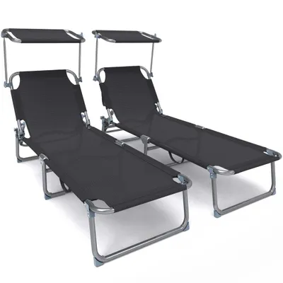 Produktbild von VOUNOT® 2er Set Sonnenliege Klappbar, Gartenliege Strandliege mit Sonnenschutz und Verstellbarer Rückenlehne, Schwarz