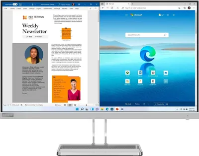 A computer monitor displaying two open applications: a newsletter and a web browser.