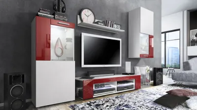 Produktbild von Vladon Wohnwand Movie, Anbauwand bestehend aus 1 TV-Board, 2 Vitrinen und 1 Regal, Weiß matt/Weiß matt/Bordeaux Hochglanz, inkl. LED-Beleuchtung weiß (Gesamt: 300 x 190 x 39 cm)