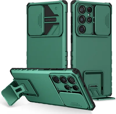 Immagine prodotto di Custodia per Samsung Galaxy S22 Ultra 5G robusta a doppio strato, protezione militare con kickstand e protezione fotocamera scorrevole verde