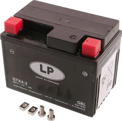 A black gel battery with red terminal covers and silver screws and nuts.