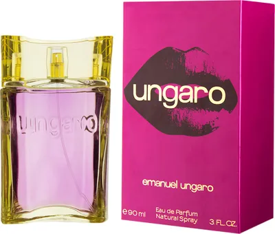 A bottle of Emanuel Ungaro perfume and its packaging are displayed side-by-side against a white background.