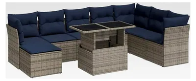Produktbild von 9-teiliges Garten-Sofagarnitur mit Kissen Grau Poly Rattan Akazie Lounge Sofa Outdoor