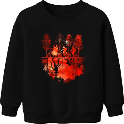 Produktbild von Upside Down Fahrräder Kinder Wald Monster Horror 80er Retro Uni Kinder Sweatshirt Pullover, Schwarz, 152