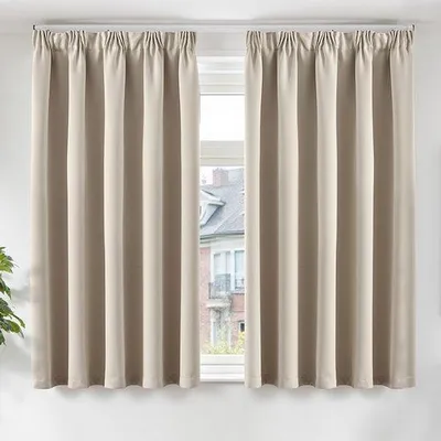 Zdjęcie produktu dla Zasłony zaciemniające, czarne, z taśmą mocującą, zestaw 2 sztuk, 145 x 140 cm, beżowe, idealne do salonu, krótkie zasłony, 100% poliester