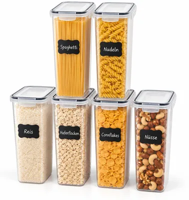 Produktbild von Relaxdays Vorratsdosen, 6er Set, 2,8 l, luftdichter Deckel, Klickverschluss, Etiketten, Frischhaltedosen, transparent, KI-generiertes Bild