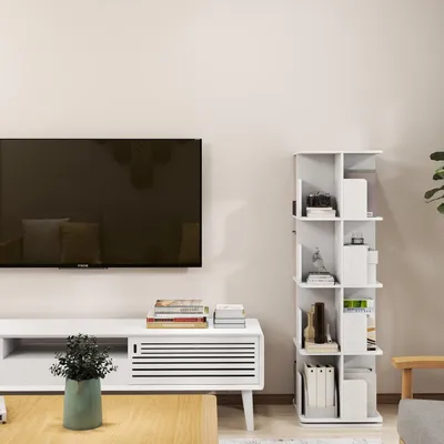 Obrázek produktu pro Otočná knihovna o 360°, stojací regál z MDF, 4 úrovně, 16 přihrádek, bílá barva, rozměry 39x39x128 cm