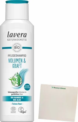 Produktbild von Lavera Pflegeshampoo Volumen & Kraft Bio Bambus & Bio Alge (250ml Flasche) + usy Block