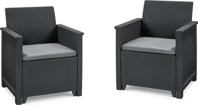 Two identical dark grey rattan-look garden chairs with grey seat cushions, shown from the front on a white background.