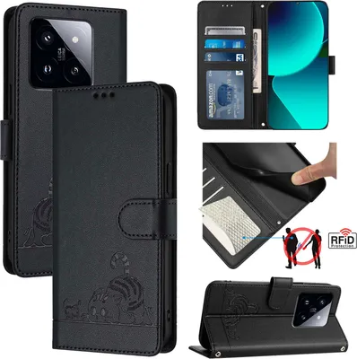 Produktbild von Leder Hülle für Xiaomi 14 Pro Süße Katze Flip Case Brieftasche Schutzhülle mit Standfunktion Schwarz