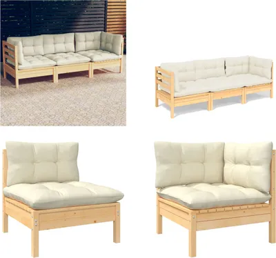 Produktbild von vidaXL 3 Sitzer Gartensofa mit Creme Kissen Massivholz Kiefer - 3-Sitzer-Gartensofa - 3-Sitzer-Gartensofas - Gartensofa - Gartensofas