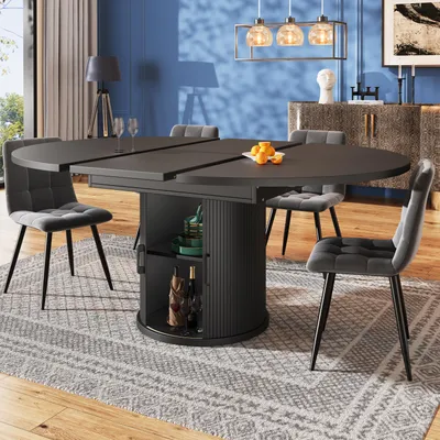 Image de MODFU Table à Manger - Table à Manger Ronde Extensible avec Plateau Allongeable pour 6 Personnes, MDF, 118(158) x 118 x 76,8 cm, Noir