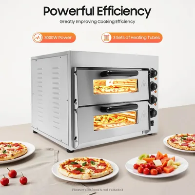 Immagine prodotto di Forno per pizza - Forno elettrico da tavolo PZ-2 - Doppia camera - Potenza 3000 W, 220 V - Temperatura 50–350 °C - Timer 1–60 min - Spina UE - Argento