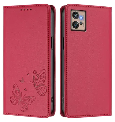 Produktbild von Lederhülle für Motorola Moto G32, Schmetterling Prägung Leder Brieftasche Schutzhülle mit Ständer Rot