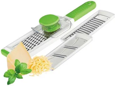 Zdjęcie produktu dla Zestaw do tarcia ze stali nierdzewnej z 3 ostrzami do drobnego i grubego tarcia oraz krojenia, z uchwytem, antypoślizgową podstawką, można myć w zmywarce
