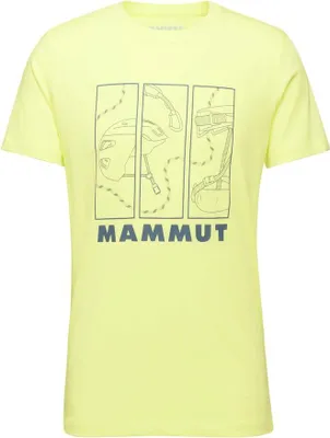 Hellgelbes Mammut T-Shirt mit schwarzem Aufdruck von Kletterausrüstung und Mammut Schriftzug vorne
