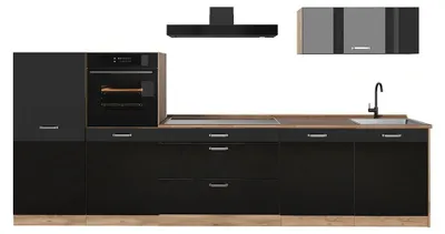 Imagen del producto de Mueble de cocina Vicco R-Line Negro brillo intenso/Roble dorado 340 cm encimera Roble dorado, Model 66534