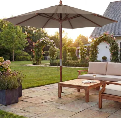 Immagine prodotto di Ombrellone da ristorante HWC-C57b, ombrellone da giardino, poliestere/legno 14 kg, rotondo Ø3 m, cavo di trazione antiurto ~ taupe