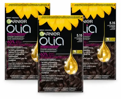 Imagen del producto de 3 tintes para el cabello Garnier Olia 5.15, color castaño claro, sin amoníaco, pack de 3 unidades