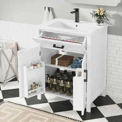 Produktbild von 60 x 46 x 84,8 cm Bodenstehender Badezimmerschrank mit Waschbecken,Volllackierung, Doppeltürregale, Praktische Schubladen, Verstellbare Regale, Integriertes Keramikwaschbecken,Weiß