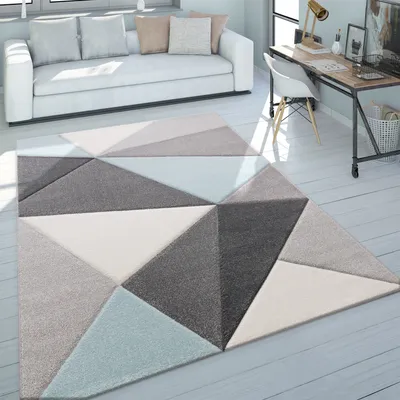 Immagine prodotto di Tappeto di design Taglio moderno dei contorni Triangoli alla moda Colori pastello Grigio Turchese Dimensioni 80x150 cm