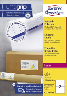 Immagine prodotto di Avery - Adressetiketten - weiß - 199,6 x 143,5 mm - 200 Etikett(en) (100 Bogen x 2) (L7168-100)