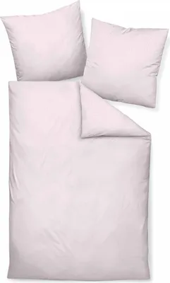 A top-down view of a pink duvet cover and two pillowcases, laid out on a white background.