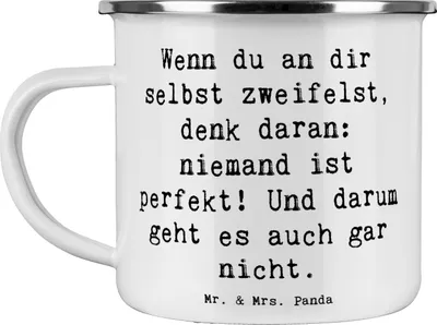 Produktbild von Mr. & Mrs. Panda Pott Spruch Zweifel an sich selbst - Weiß - Geschenk, niemand ist perfekt, Unsicherheit, becher emaille, Zitat, Motivation, ermutigende Botschaften