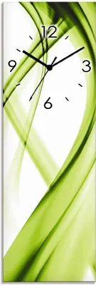 A vertical clock with abstract green swirls and black hands and numbers.