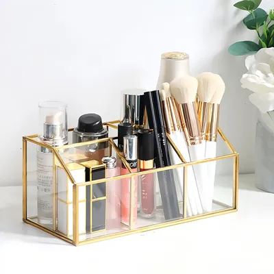 Produktbild von Kosmetik-Organizer, goldener Make-up-Organizer, Vintage-Make-up-Organizer mit 5 Fächern, Glaspinselhalter, Aufbewahrungsbox für Make-up-Pinsel, Kosmetik-Organizer für Badezimmer und Schlafzimmer