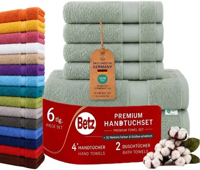 Produktbild von Betz 6er Handtuch Set Premium – 4 Handtücher 50x100 cm – 2 Duschtücher 70x140 cm - 100% Baumwolle –Frottee Handtücher für Bad, Gäste &Alltag –heugrün