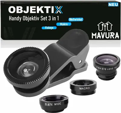 Produktbild von OBJEKTIX Handy Objektiv Set Smartphone Linsen Fisheye Weitwinkel Makro Kamera