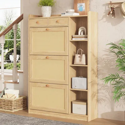 Immagine prodotto di Armadio per scarpe MODFU con 3 ante a ribalta, mobiletto per scarpe con frontale in rattan e 2 cassetti, mobiletto stretto per l'ingresso con ripiani aperti, colore naturale